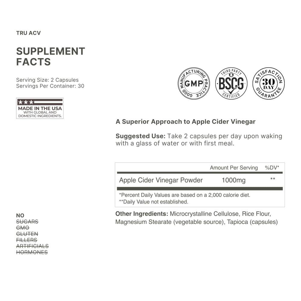 TRU Supplements ACV capsule stack illustrates vegan tapioca shell for clean intake.