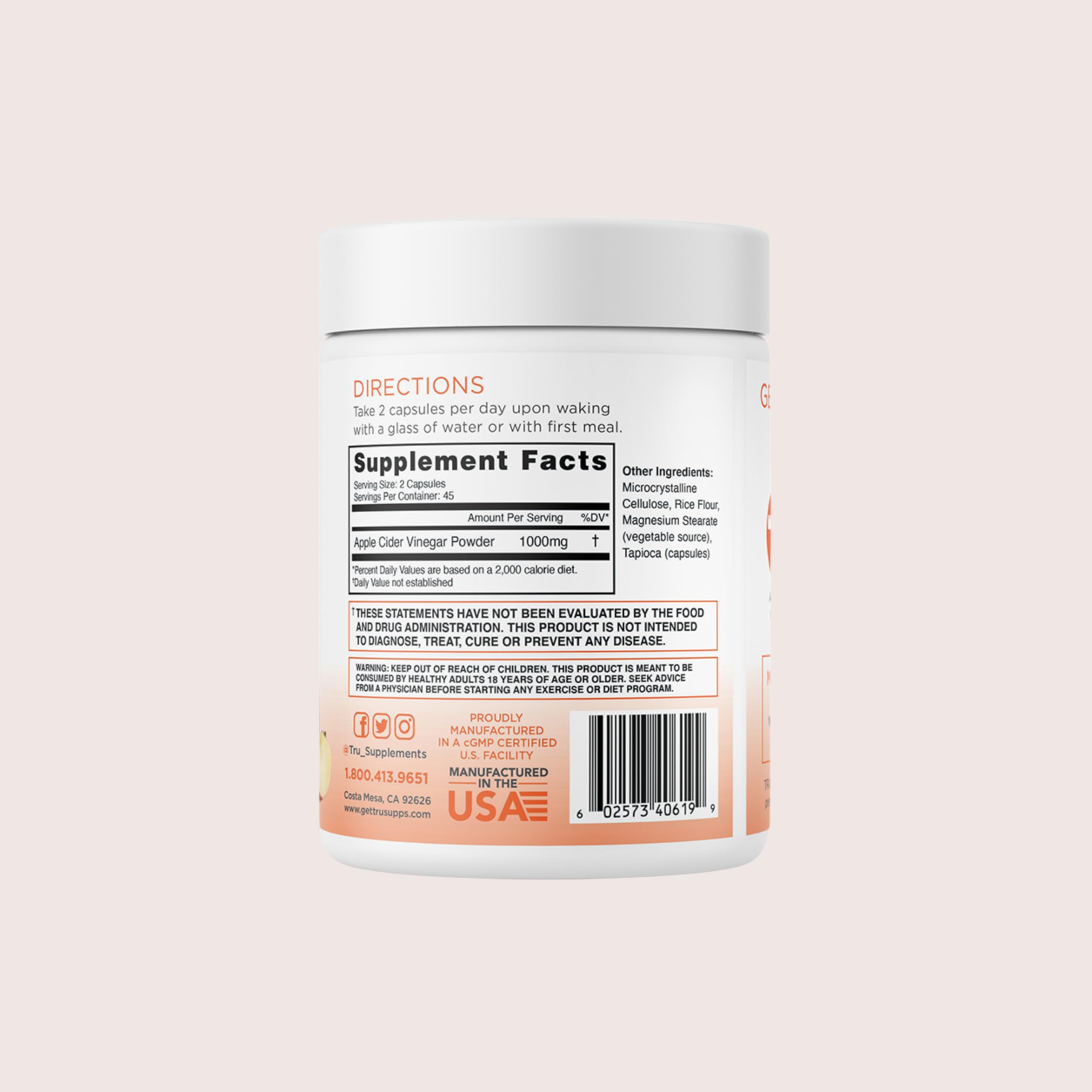 TRU Supplements ACV serving size label suggests 1000mg per two capsules.