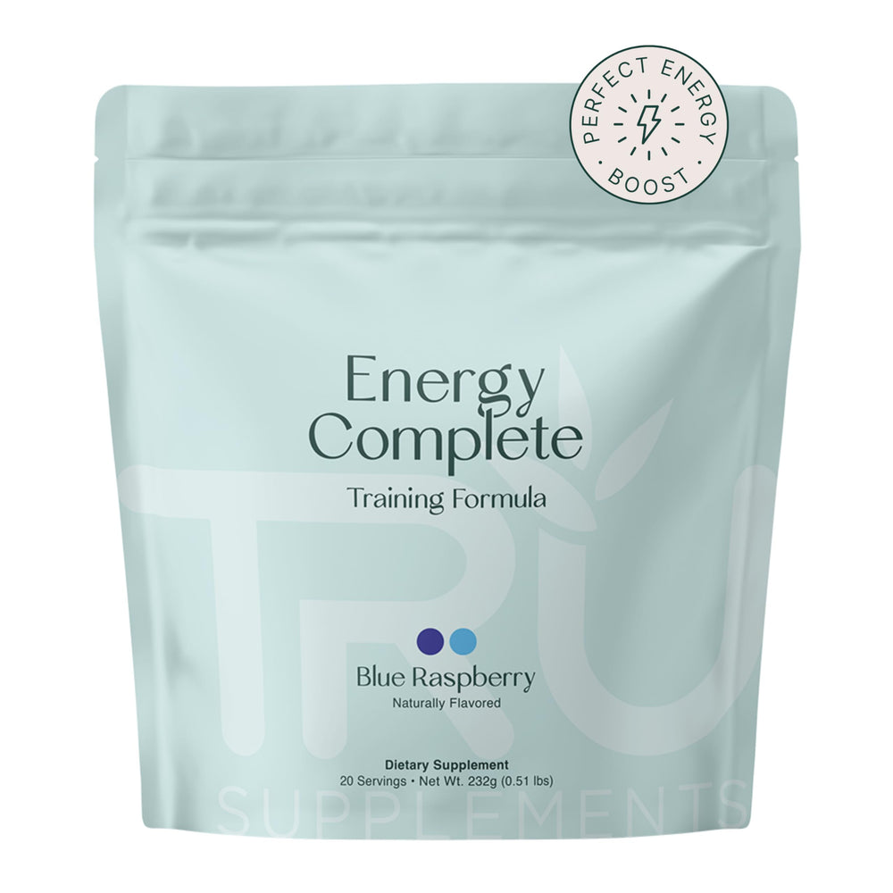 TRU Supplements Energy blue raspberry tub showing the pre-workout flavor profile for a refreshing workout boost.