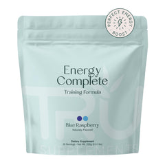 TRU Supplements Energy blue raspberry tub showing the pre-workout flavor profile for a refreshing workout boost.