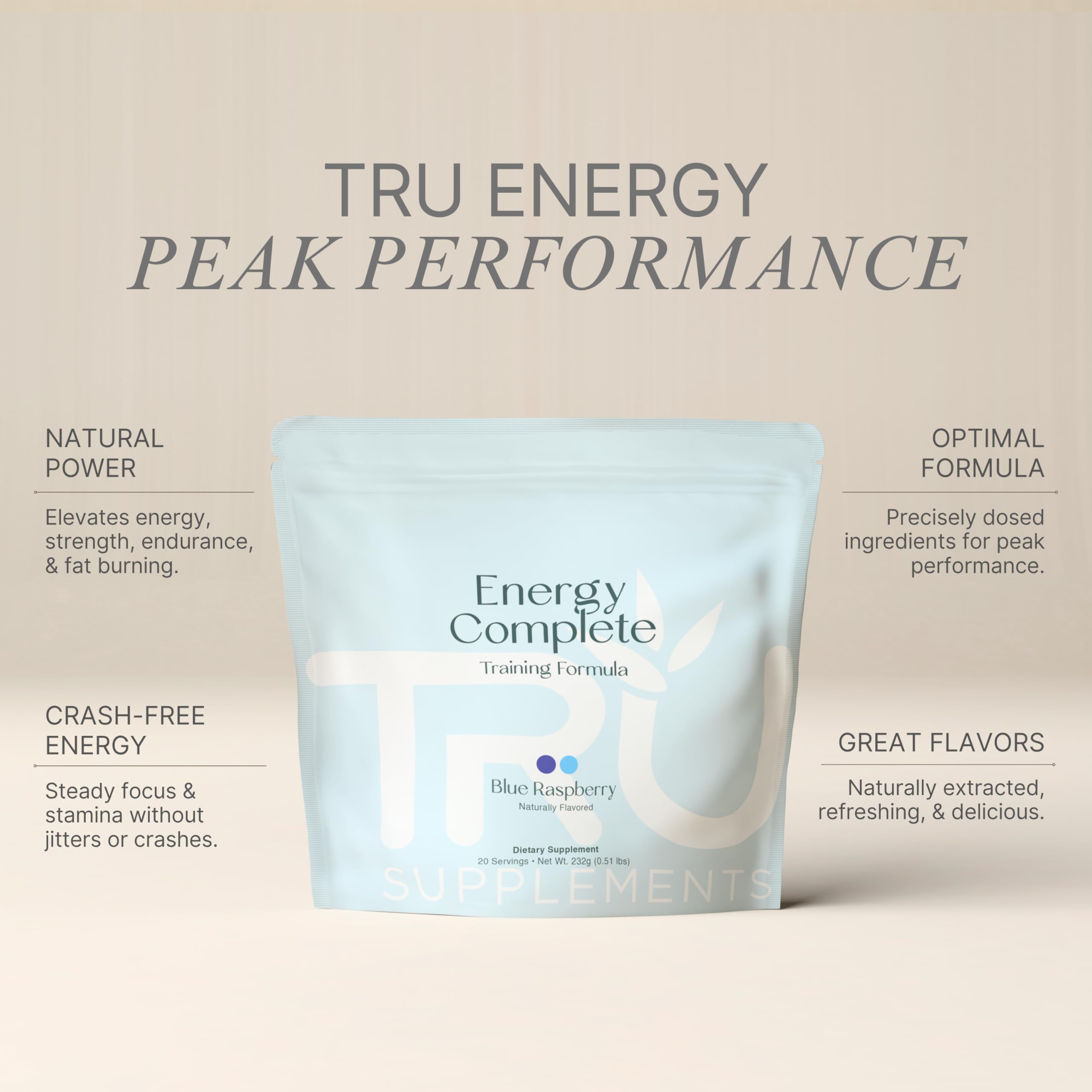 TRU Supplements Energy features L-Carnitine and Citrulline Malate for fat metabolism support.