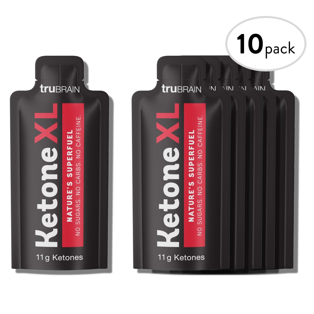 TruBrain Ketone XL Shot on workout bench suggests athletic performance support.