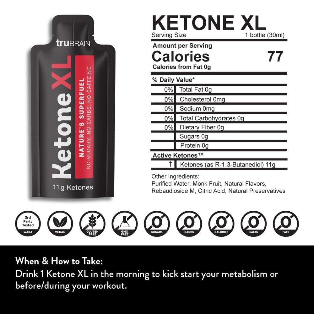 TruBrain Ketone XL Shot label front highlights a sugar-free formula for steady energy.