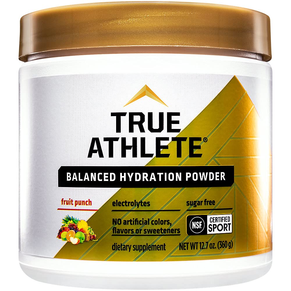 True Athlete Balanced Hydration Powder bottle in fruit punch flavor for pre-workout hydration.