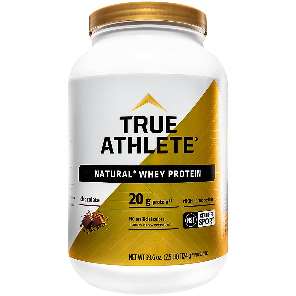 True Athlete Natural Whey Chocolate powder jar for lean muscle fueling
