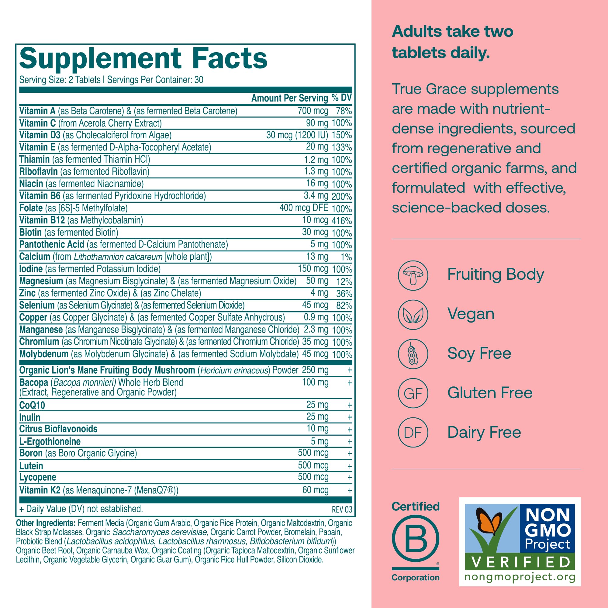 Product label showing ingredients and dosage details