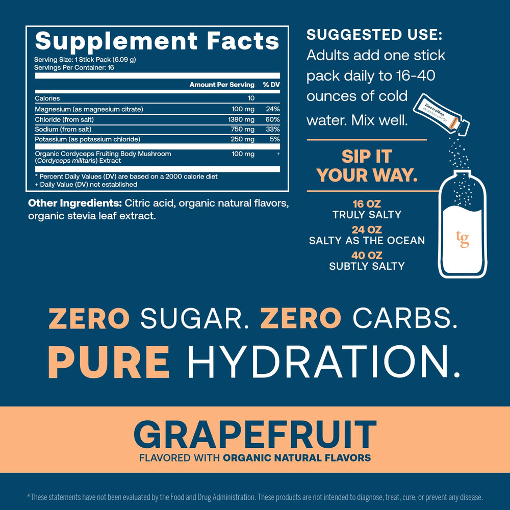 True Grace ElectroMag grapefruit stick-pack closeup, highlights zero sugar and rapid hydration.