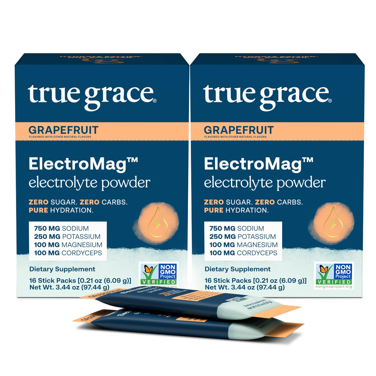 True Grace ElectroMag grapefruit stick-pack for on-the-go hydration during workouts