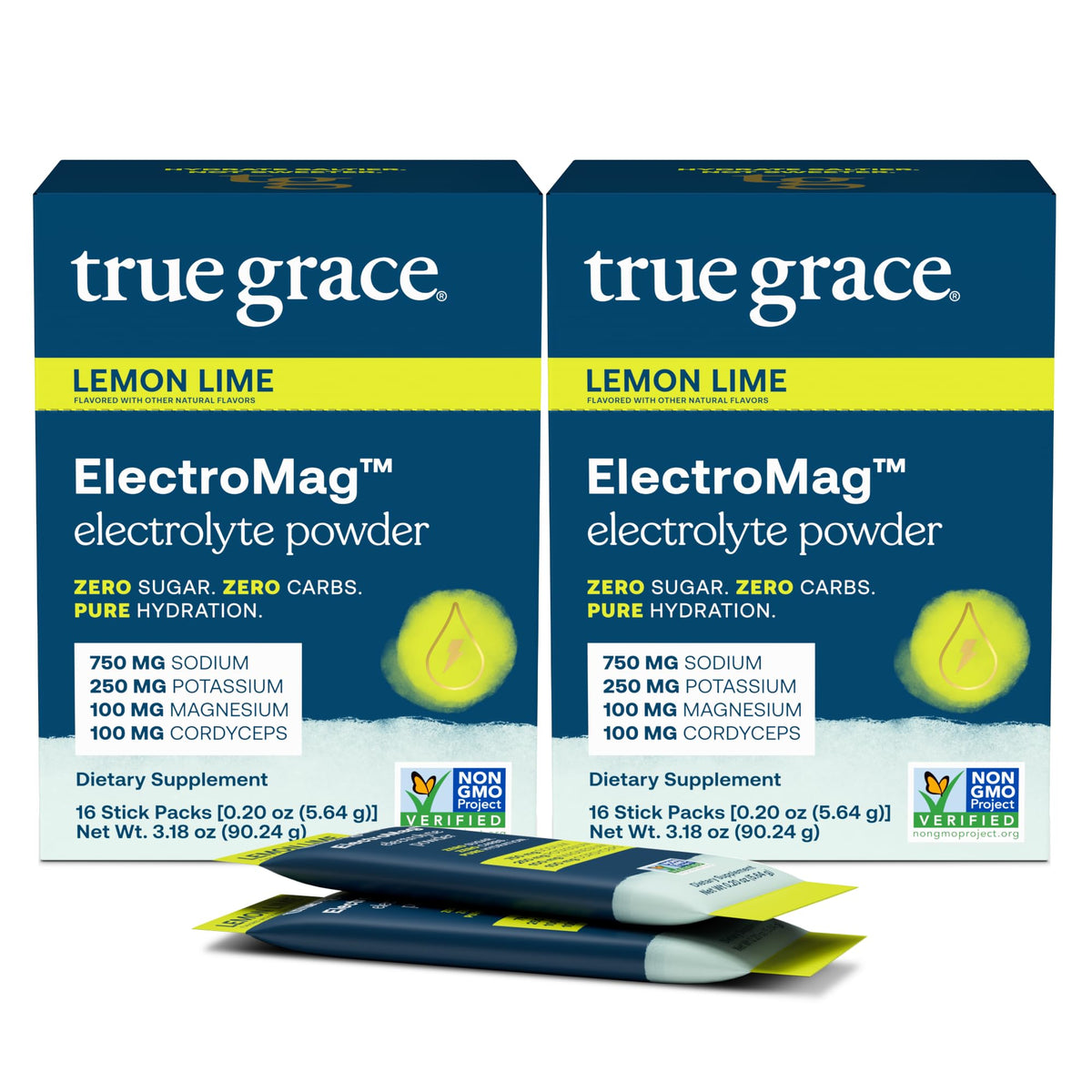 True Grace ElectroMag lemon lime stick pack front view for fast hydration