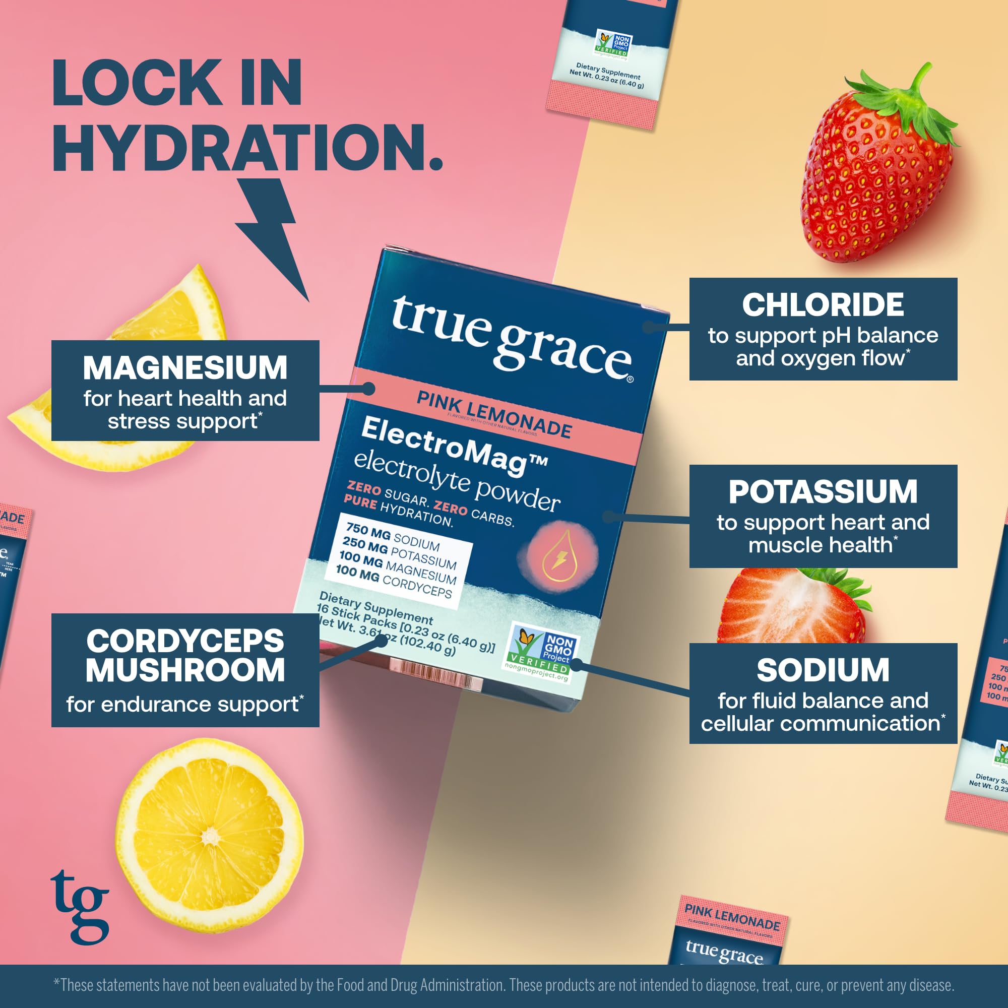 True Grace ElectroMag packaging close-up emphasizes trusted, non-GMO nutrition.