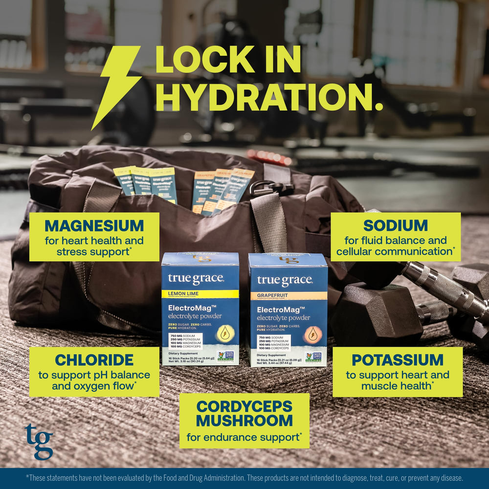 True Grace ElectroMag stick-pack closeup for travel hydration