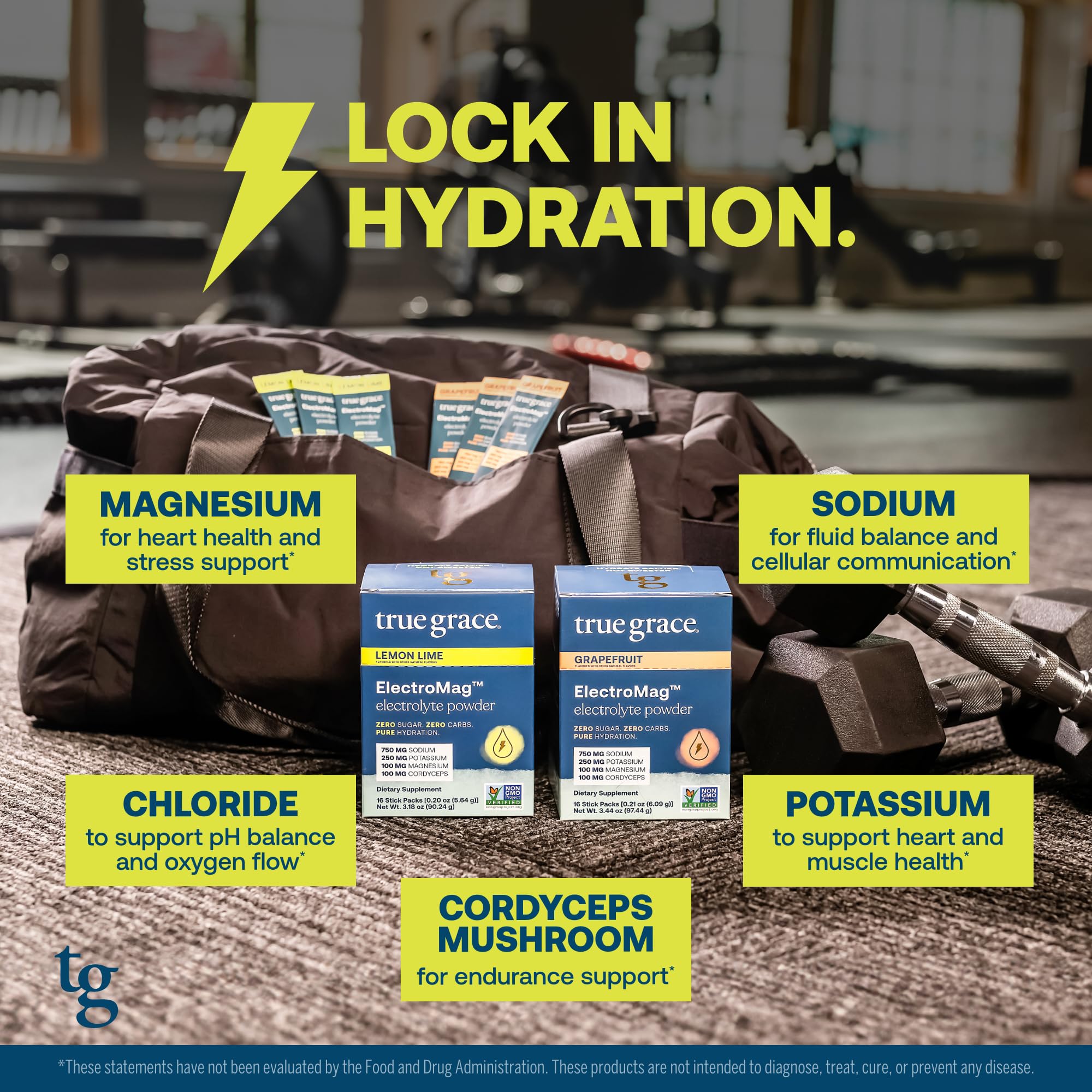 True Grace ElectroMag stick-pack closeup for travel hydration