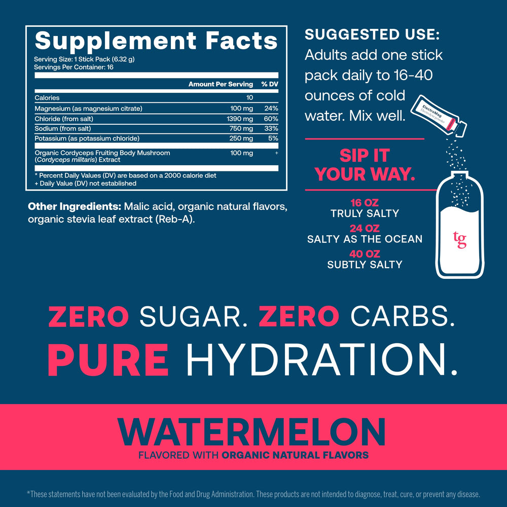True Grace ElectroMag watermelon powder close-up showing zero sugar formula.