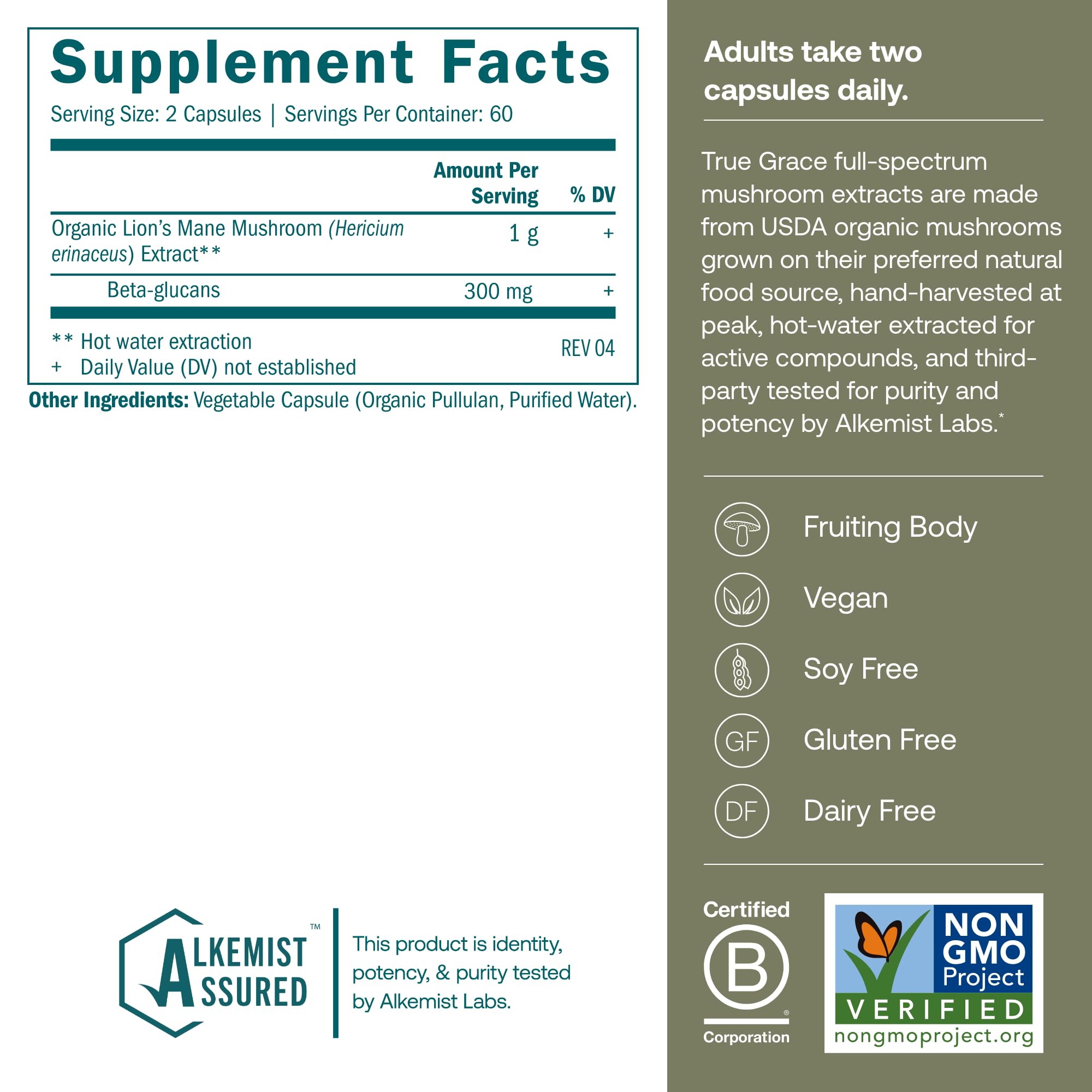Organic Lion's Mane fruiting bodies used in True Grace supplement