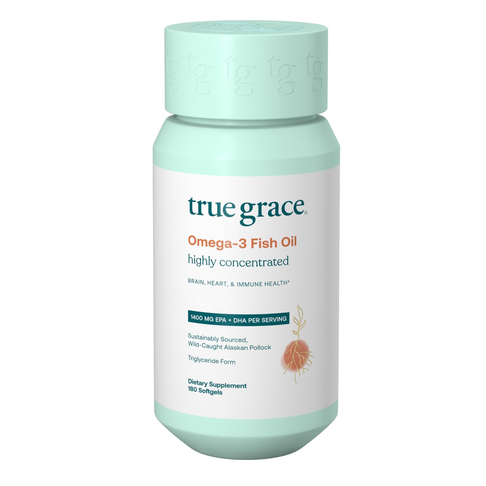Front view of True Grace Omega-3 Fish Oil bottle