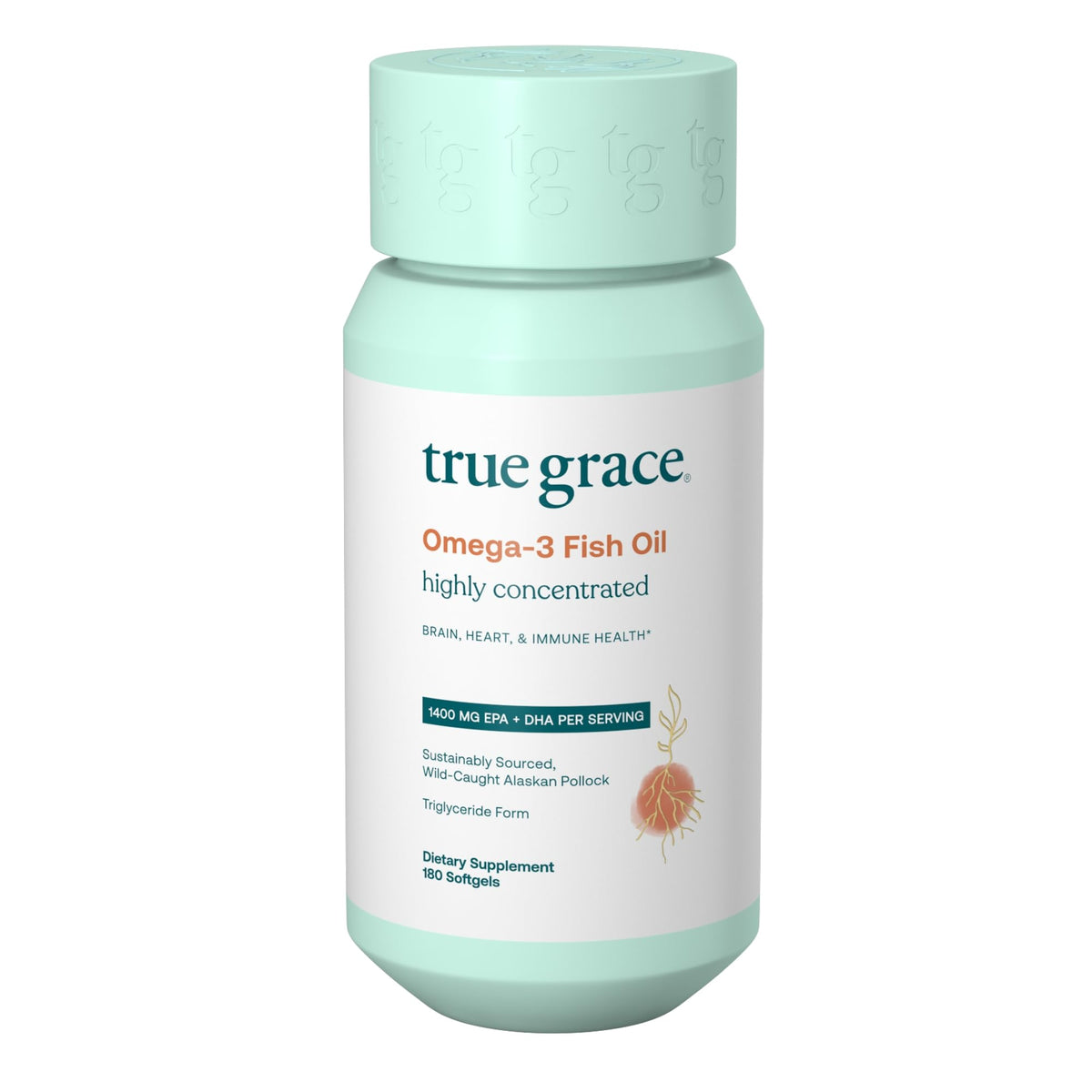 Front view of True Grace Omega-3 Fish Oil bottle