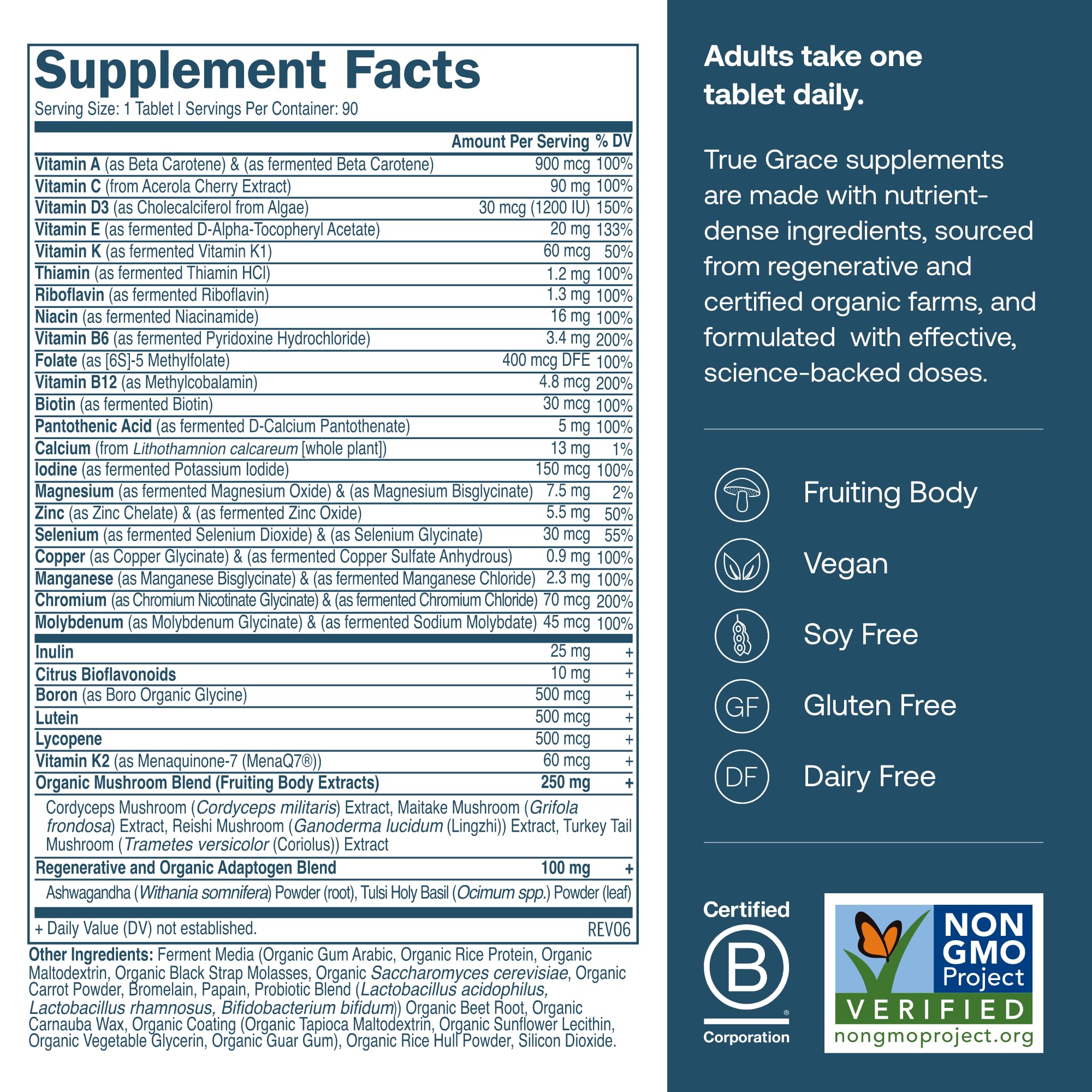 True Grace One Daily Men's Multivitamin bottle back label with ingredients