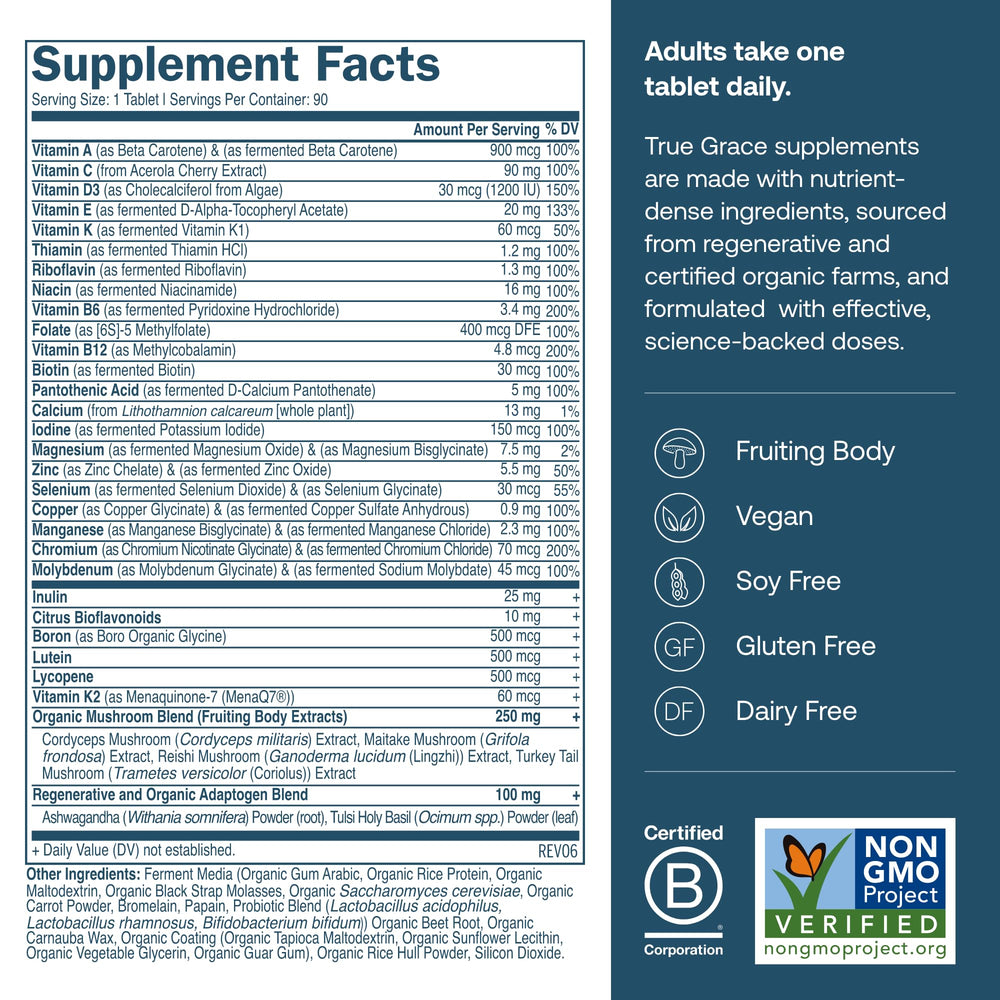 True Grace One Daily Men's Multivitamin bottle back label with ingredients