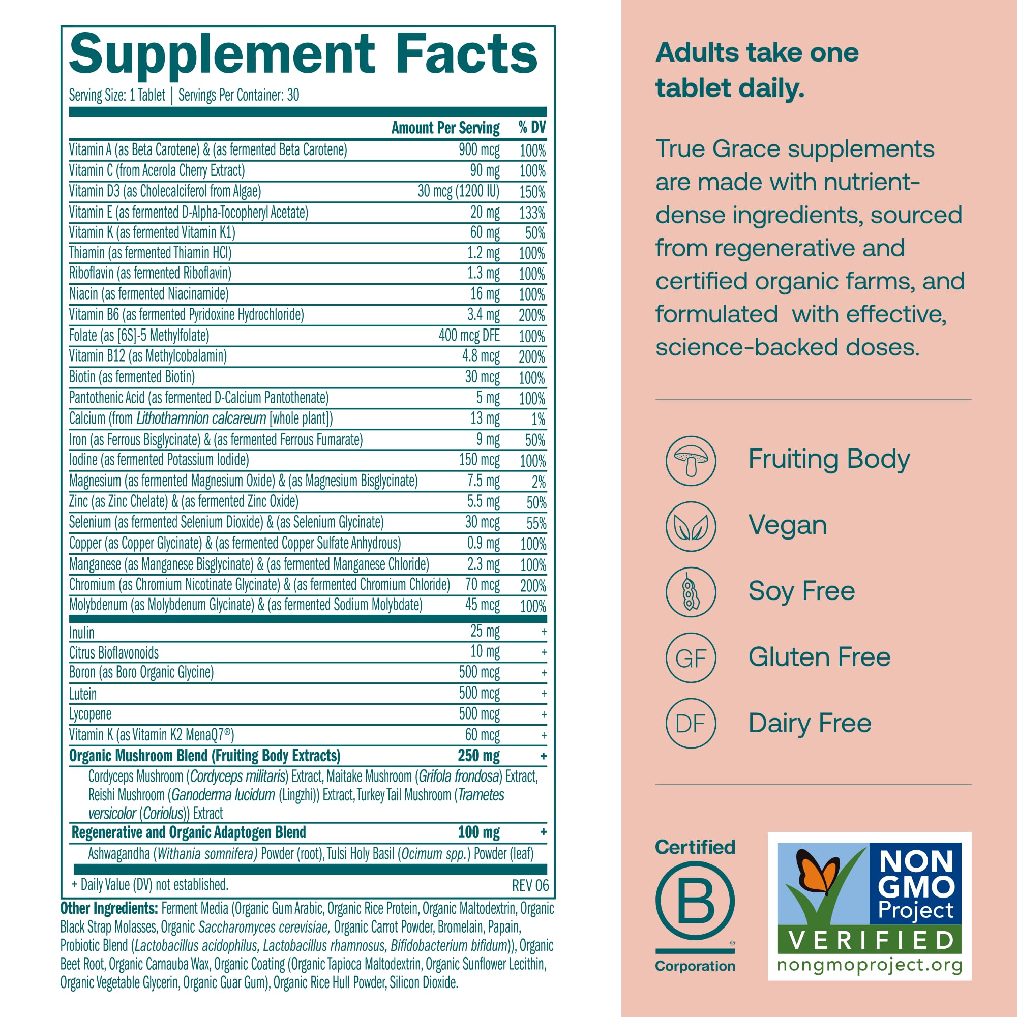 Close-up of bottle label highlighting fermented minerals and chelated nutrients