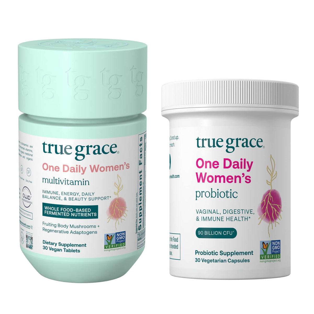Front view of True Grace One Daily Women’s Multivitamin bottle with 30 vegan tablets