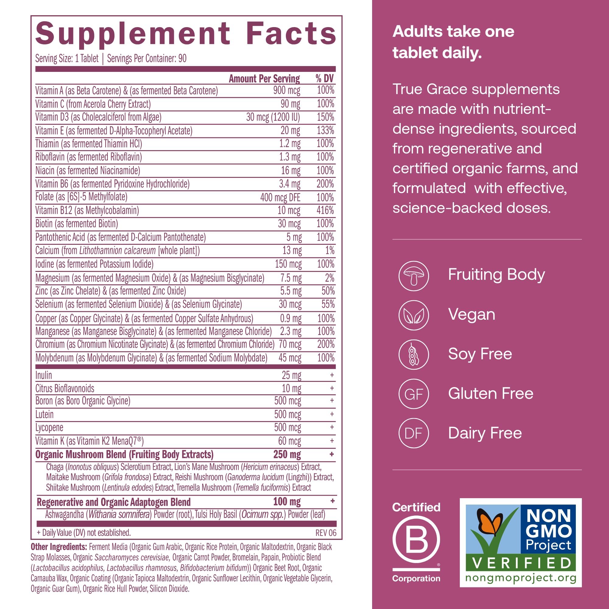 Close-up of bottle label and supplement tablets