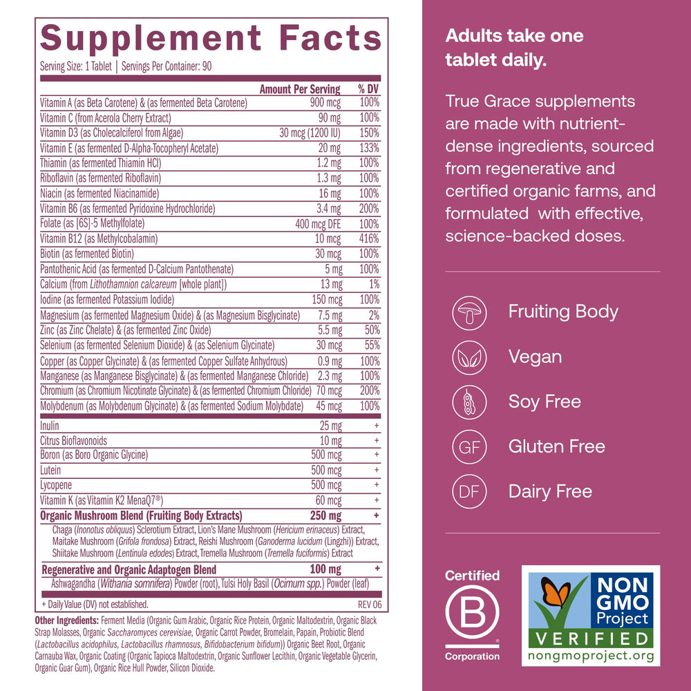 Close-up of bottle label and supplement tablets