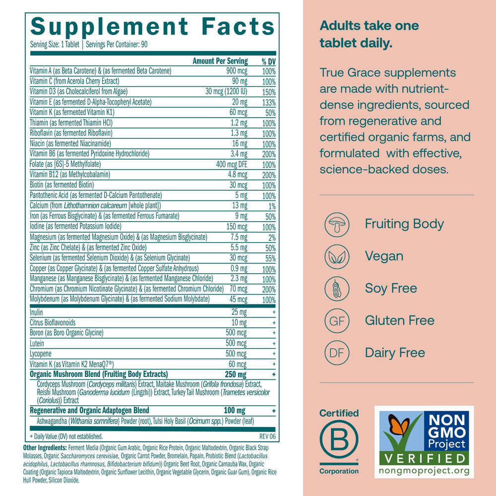 Close-up of tablets in True Grace bottle