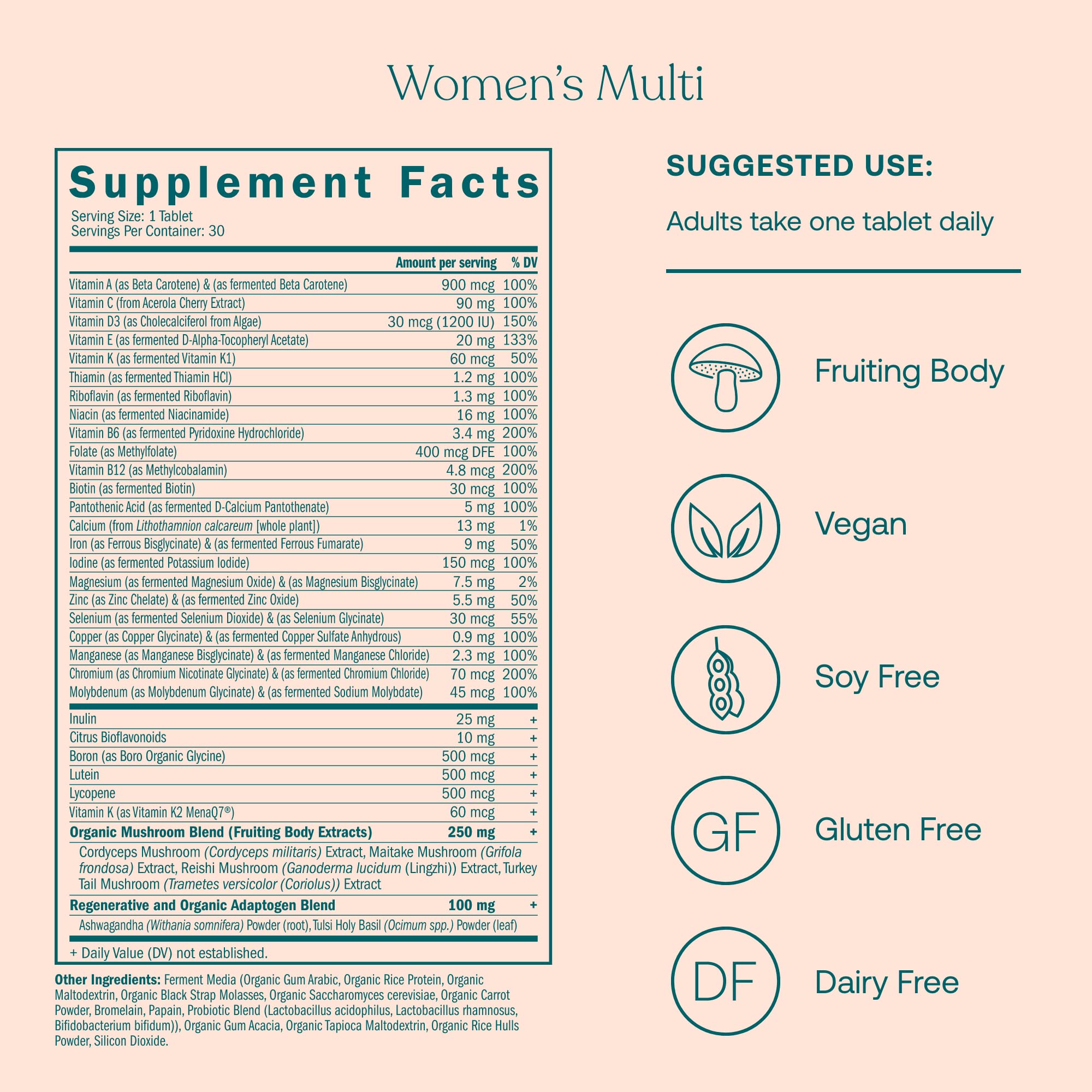 Front view of True Grace One Daily Women’s Probiotic bottle with 30 vegetarian capsules