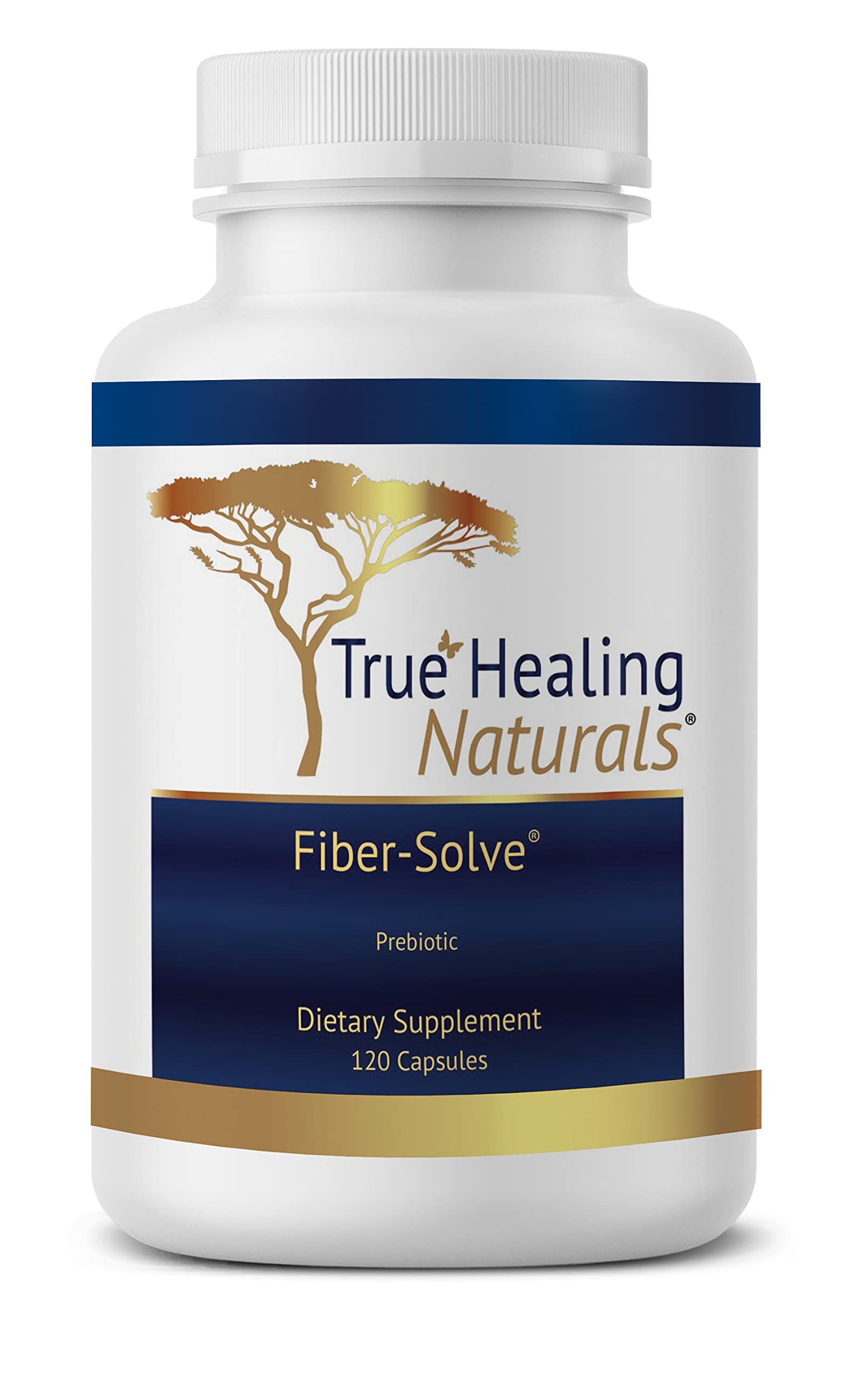 True Healing Naturals Fiber-Solve prebiotic supplement bottle with capsules