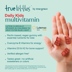 Label highlighting Lutemax Kids Lutein, Vitamin D3 and Vitamin K2