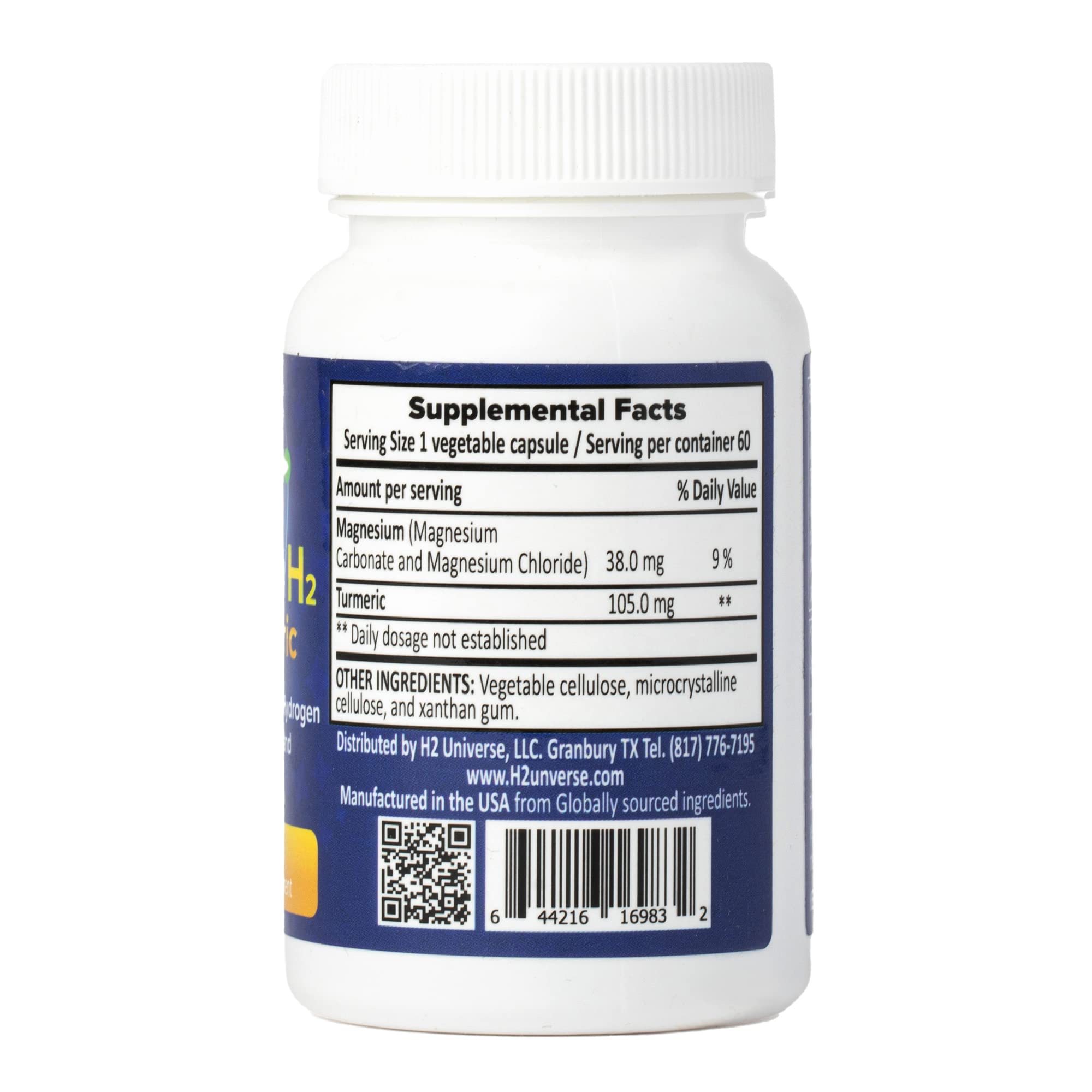 Bottle label displaying molecular hydrogen and turmeric