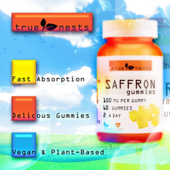 Six True Nests saffron gummies laid out on a white surface
