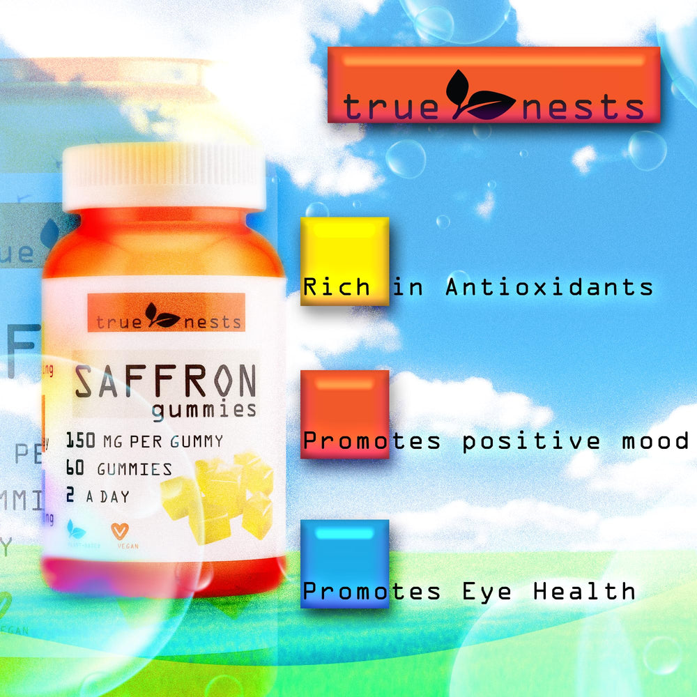 Ingredients label highlighting vegan and non-GMO saffron gummies