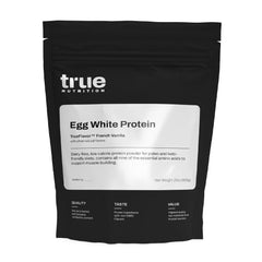 True Nutrition egg white protein powder bottle with French Vanilla label for a quick protein boost.
