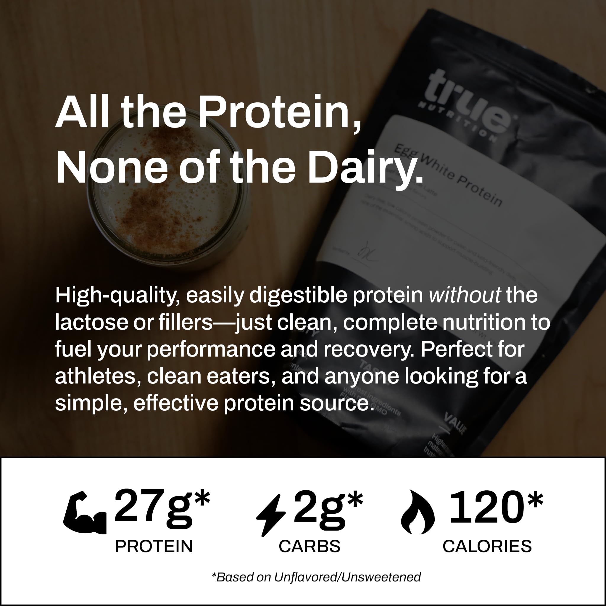 True Nutrition egg white protein powder chocolate fudge brownie tub closeup highlighting paleo gluten-free ingredients.