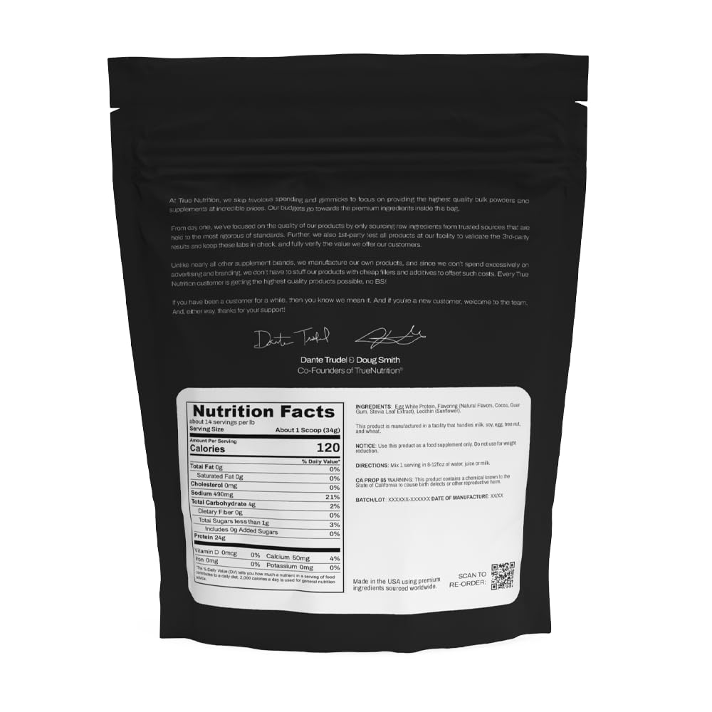 True Nutrition egg white protein powder in a shaker highlights easy mixability for quick shakes.