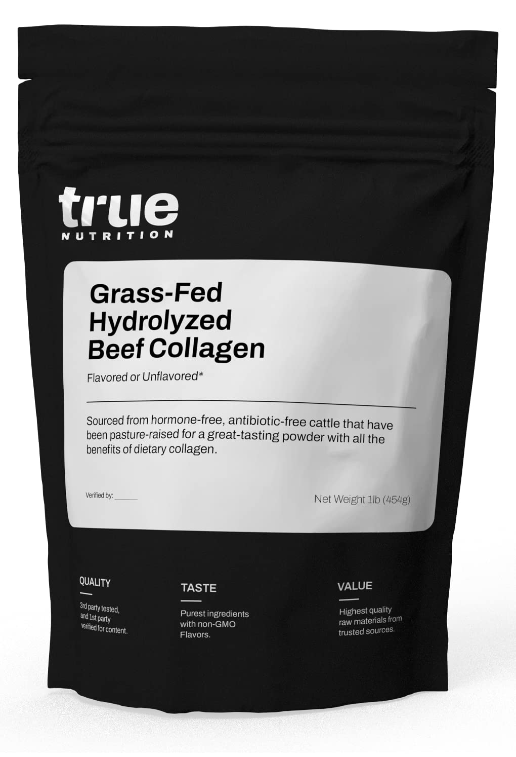 True Nutrition hydrolyzed collagen powder bottle showcases grass-fed sourcing for potential joint and skin vitality.