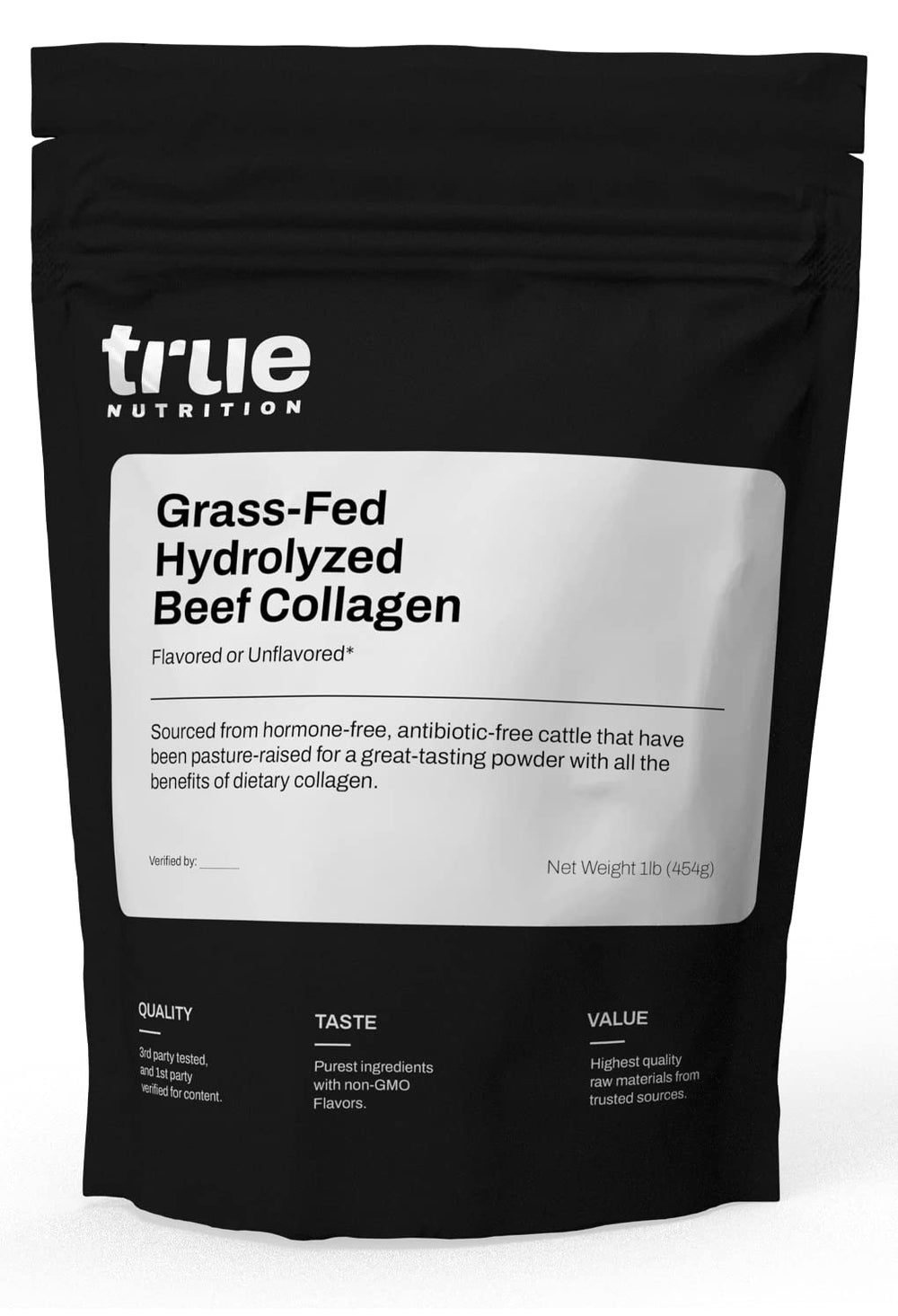 True Nutrition hydrolyzed collagen powder bottle showcases grass-fed sourcing for potential joint and skin vitality.