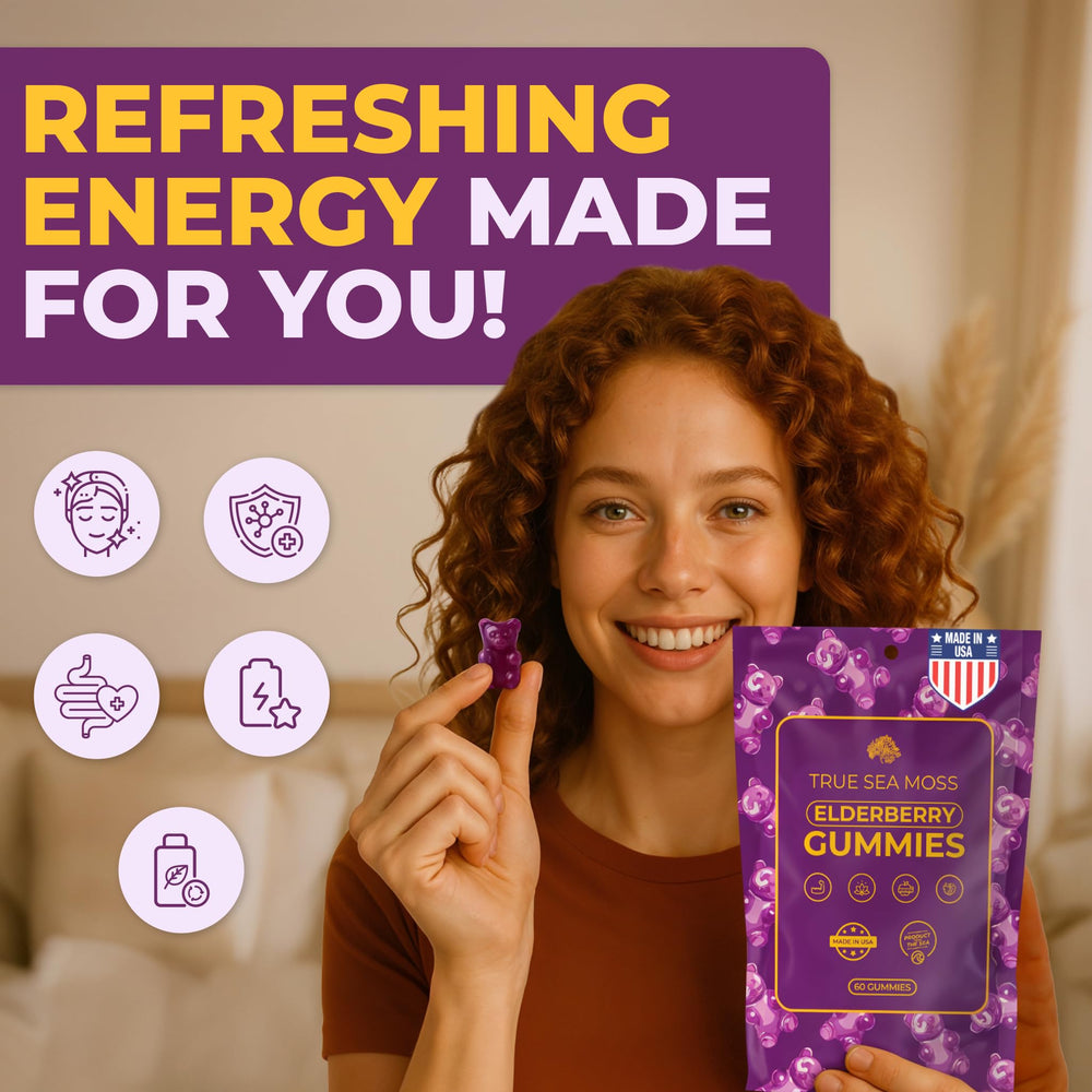 Naturally fruity elderberry-flavored gummies packaging