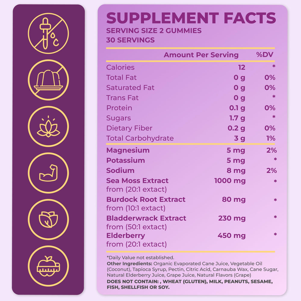 Close-up of Sea Moss Gummies showing fruity texture and label