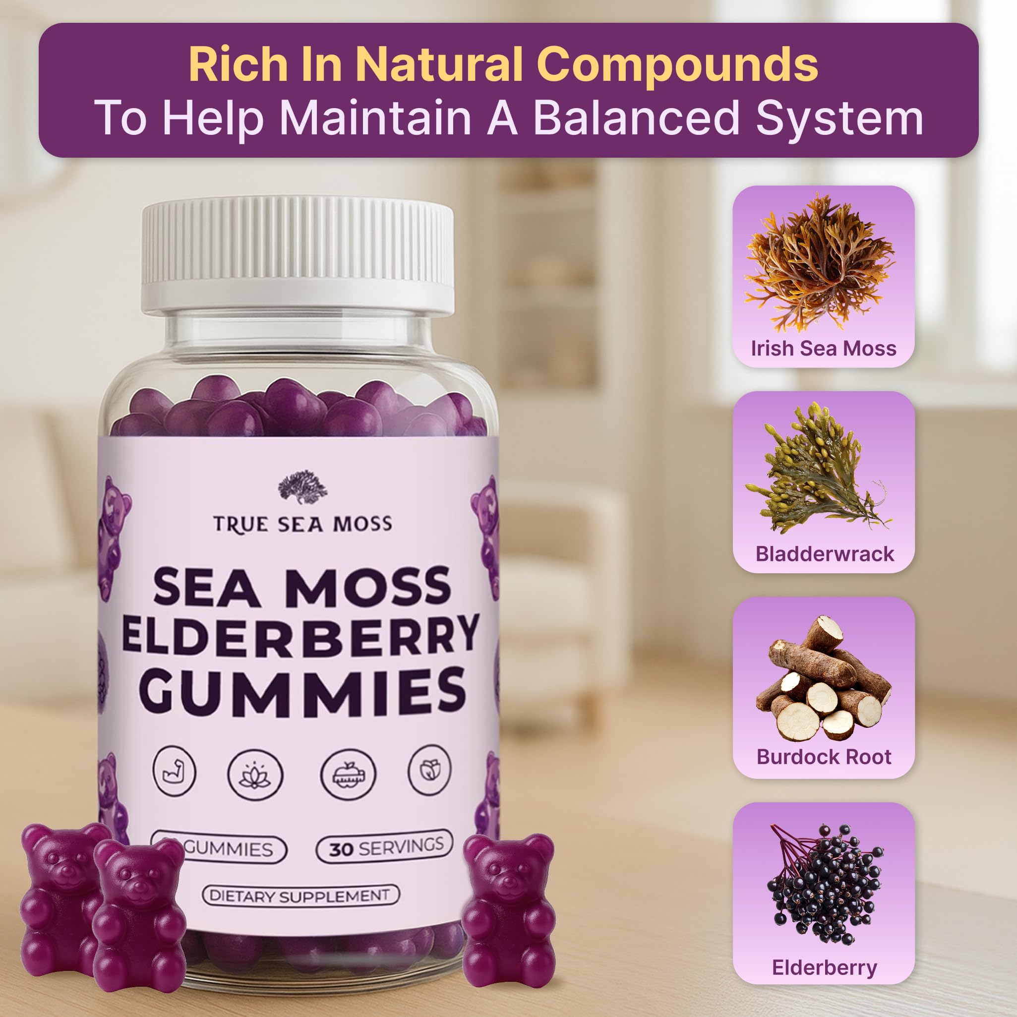 Ingredients: Irish Sea Moss, Burdock Root, Bladderwrack and Elderberry extract