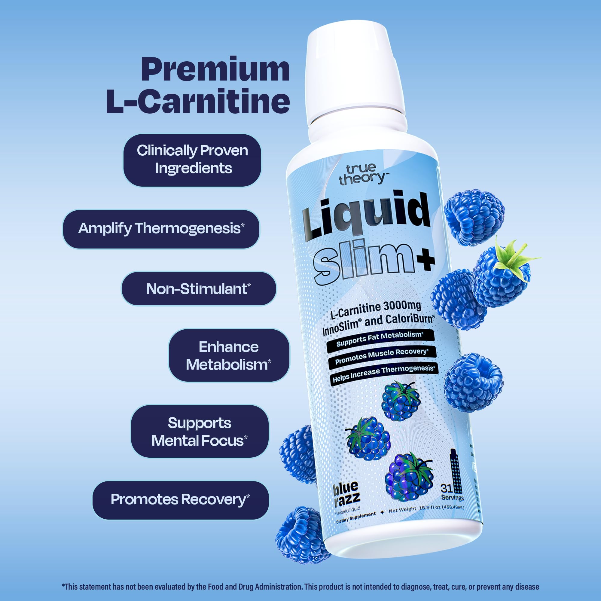 True Theory Liquid Slim blue razz glass hints at delicious flavor for workouts.