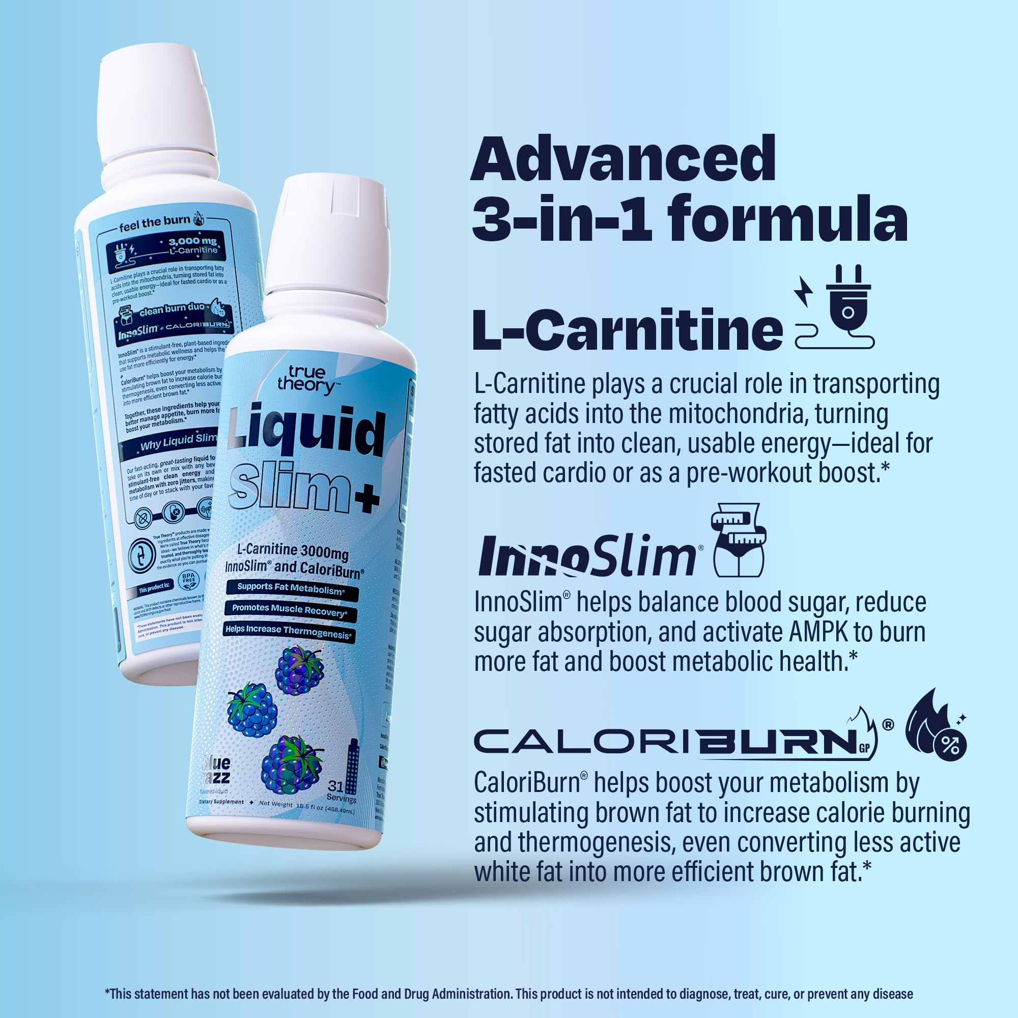 True Theory Liquid Slim blue razz glass hints at delicious flavor for workouts.