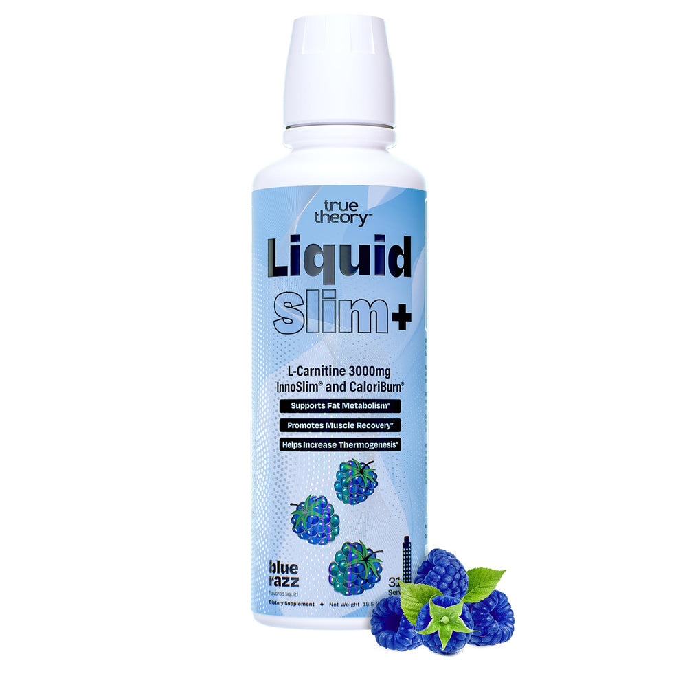 True Theory Liquid Slim bottle close-up highlighting high potency L-Carnitine for targeted energy support.