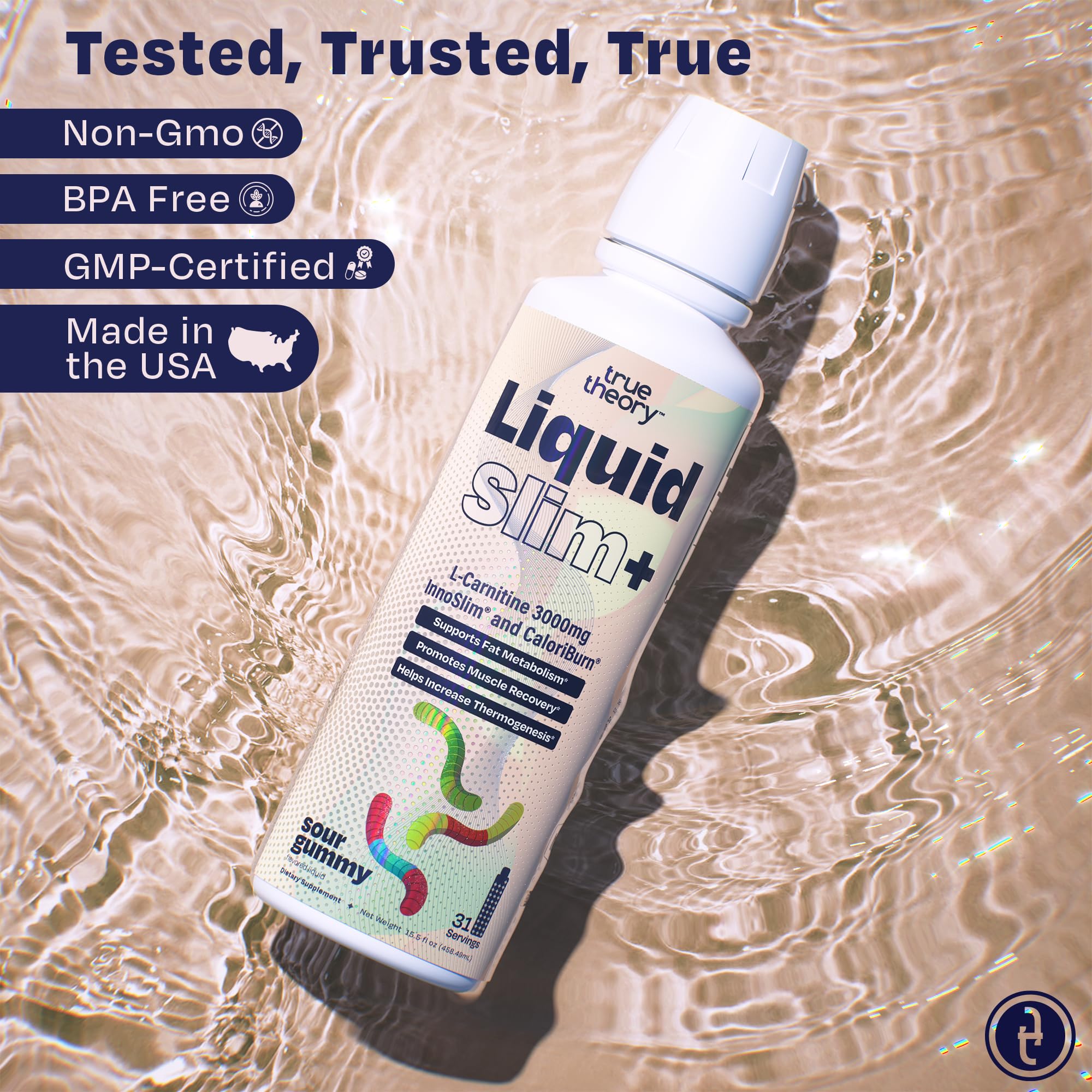 True Theory Liquid Slim ingredient icons highlight CaloriBurn GP and InnoSlim branding.