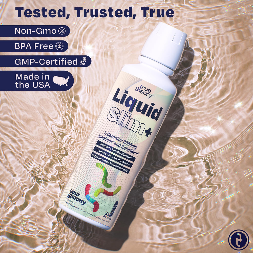 True Theory Liquid Slim ingredient icons highlight CaloriBurn GP and InnoSlim branding.