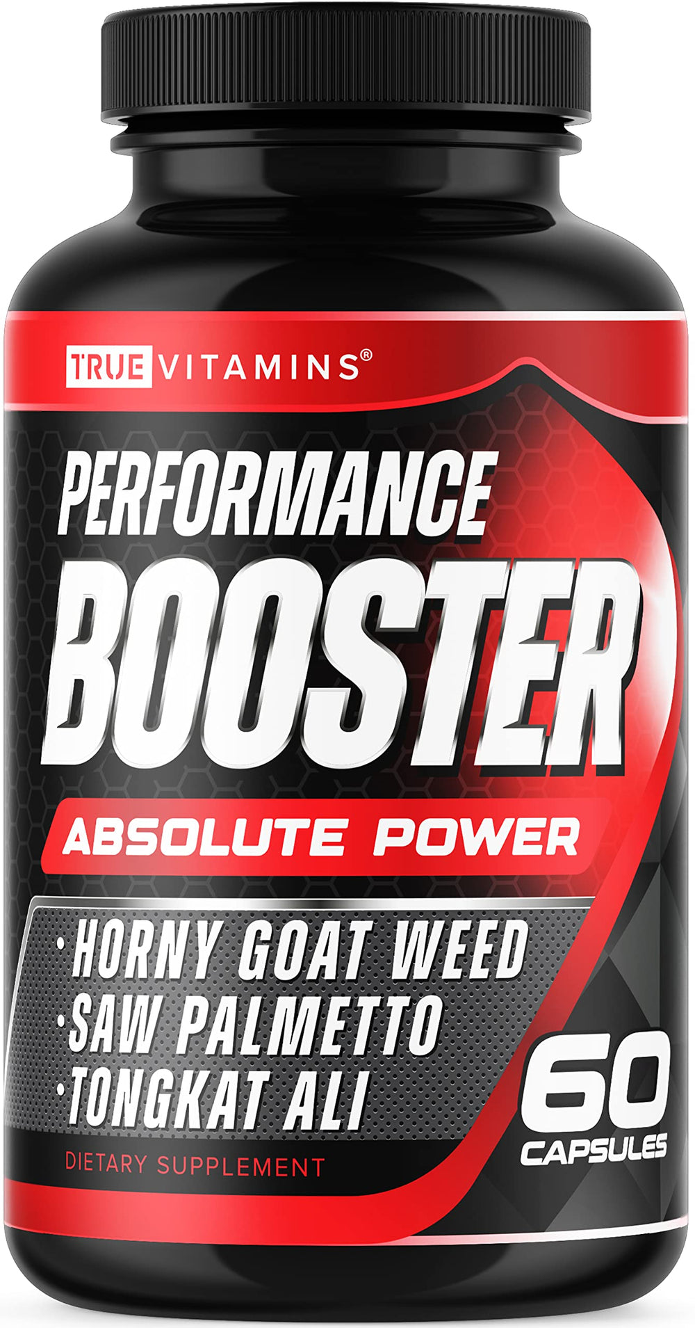 TRUE VITAMINS testosterone booster bottle shows the label for energy support.