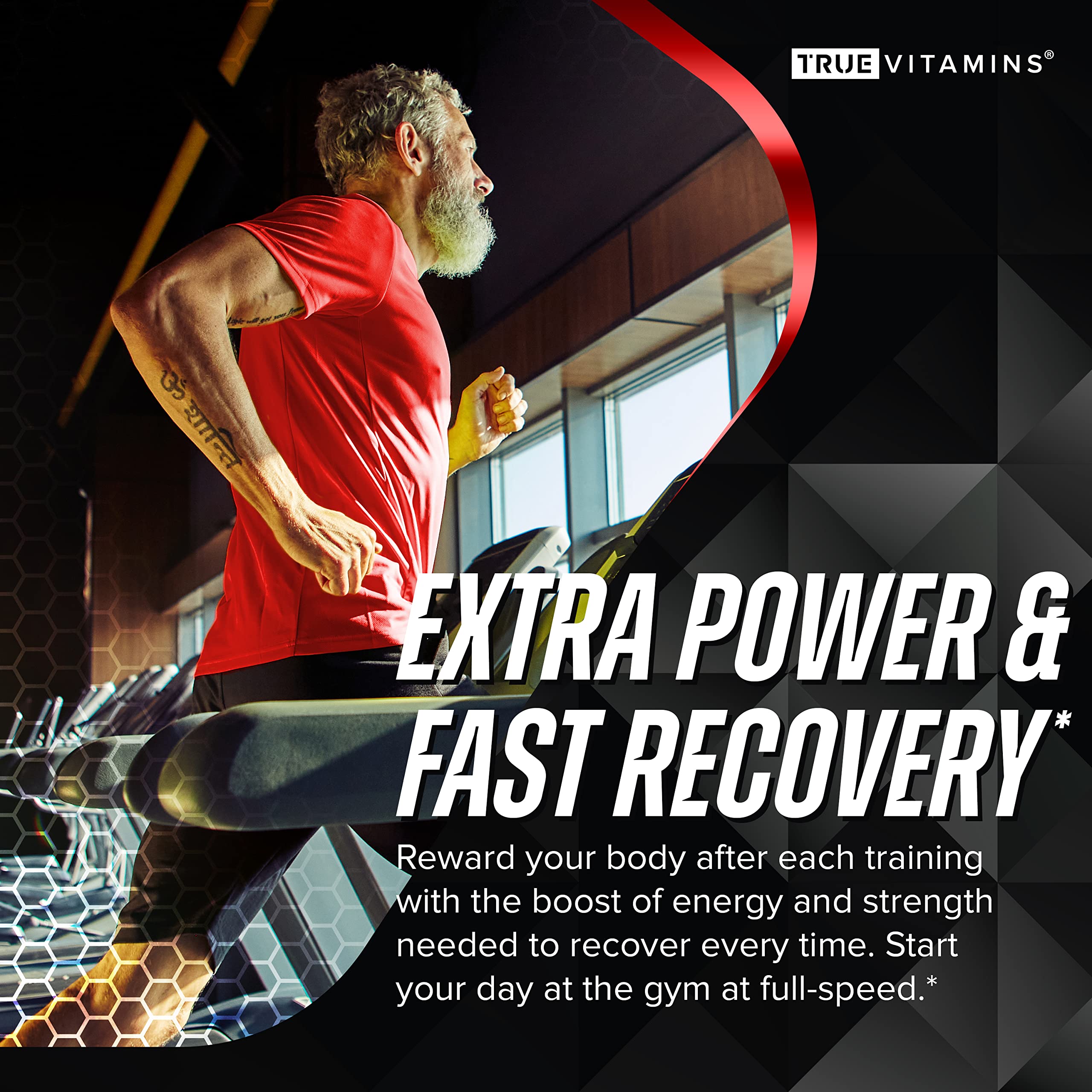TRUE VITAMINS testosterone booster in-use scene highlighting on-the-go energy support.