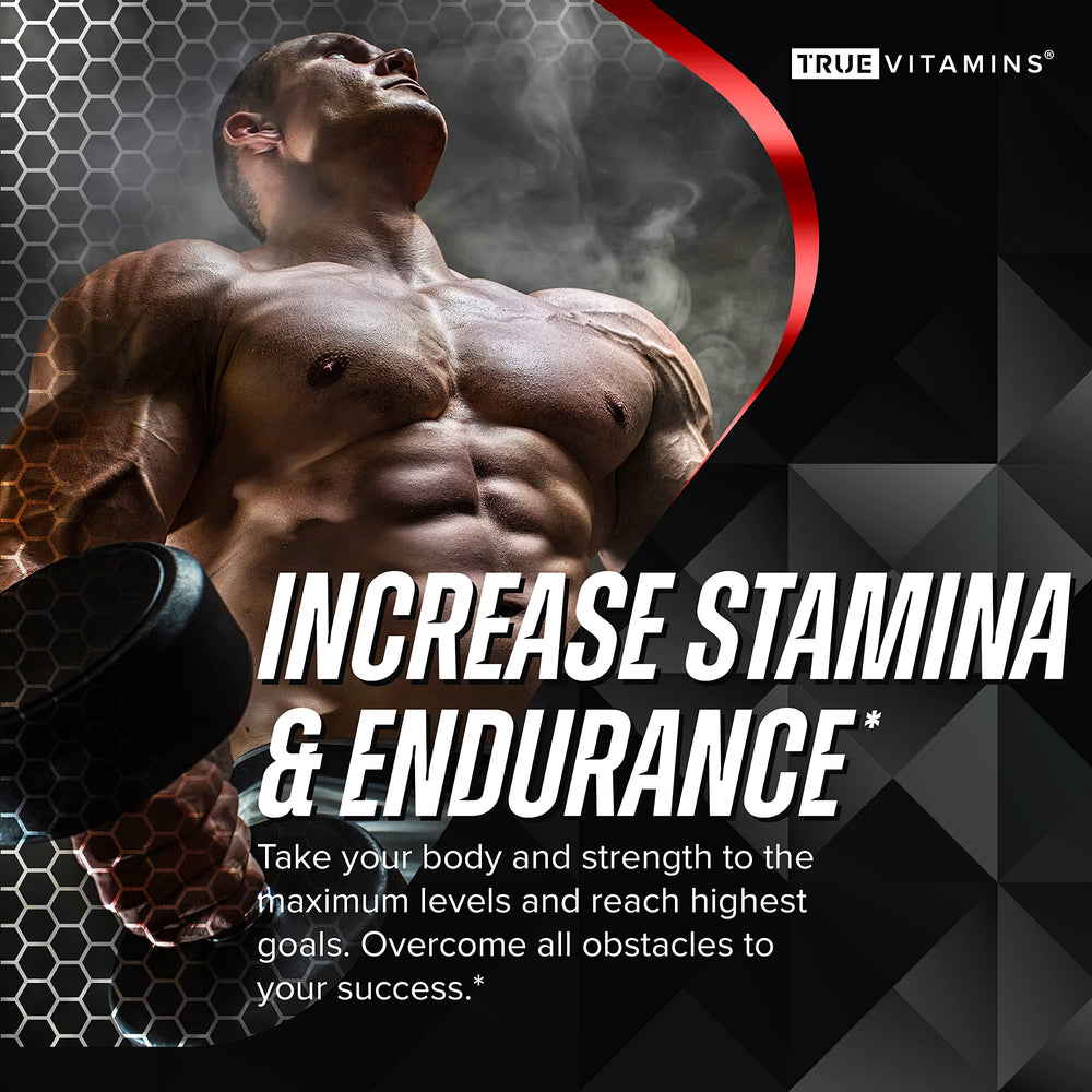 TRUE VITAMINS testosterone booster packaging box with compact bottle and label.