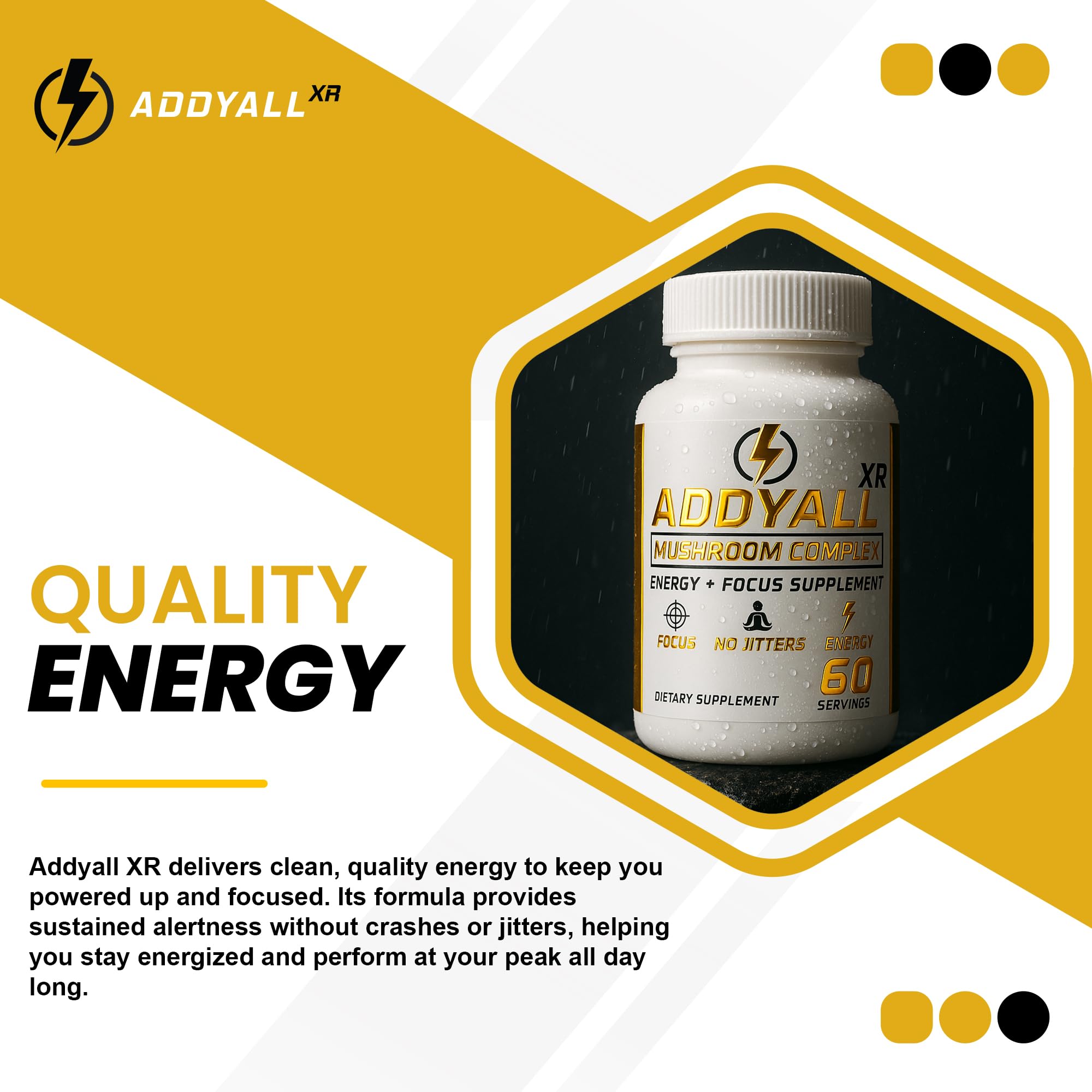 True Wood ADDYALL-XR mushroom blend packaging emphasizes adaptogens for balanced focus.